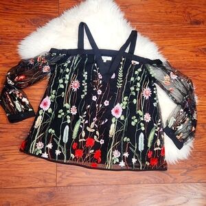 Entro Blue Graphic Embellished Long Sleeve Blouse